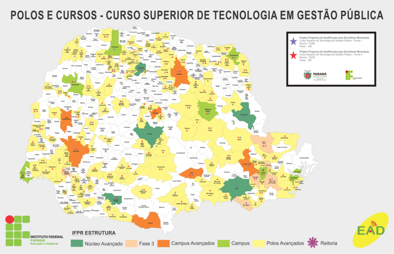 Mapa do Estado do Paraná com a indicação dos municípios onde existem Telessalas