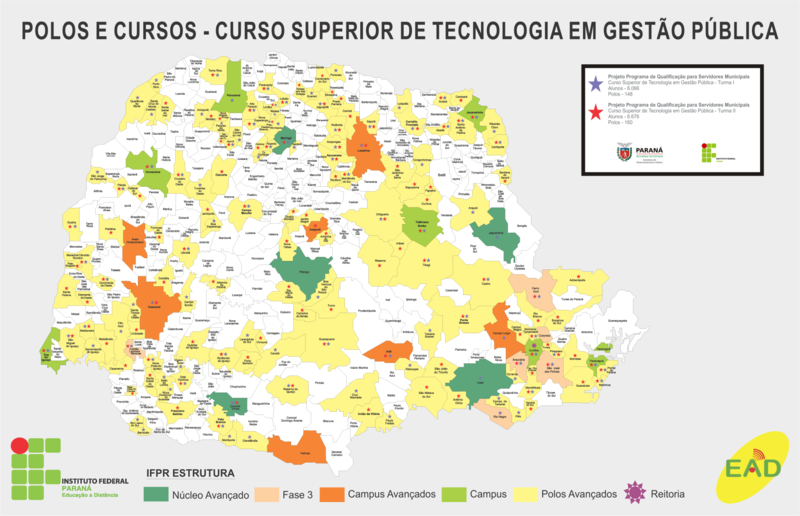 Mapa do Estado do Paraná com a indicação dos municípios onde existem Telessalas